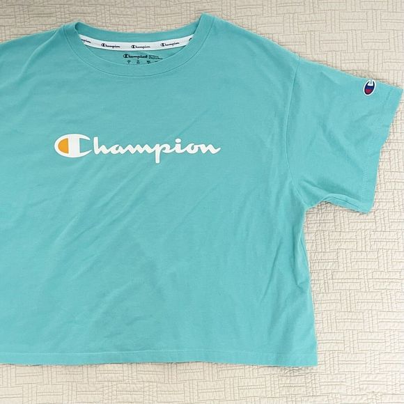 Champion Cropped Tshirt Oversized M L Top Bundle Short Sleeves Knit Yellow Aqua - Picture 10 of 16